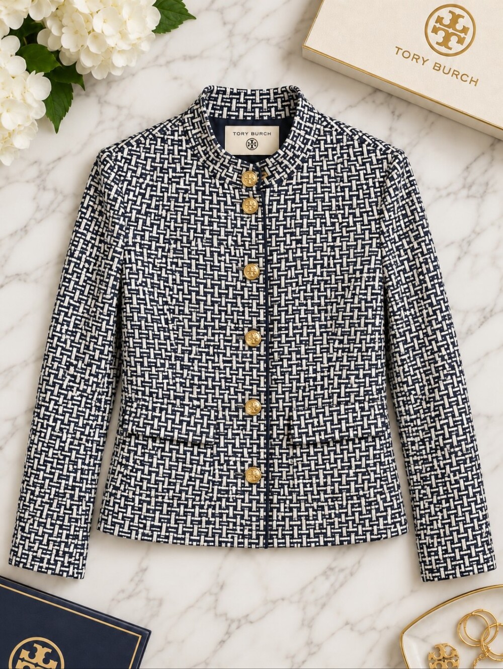 NWOT Tory Burch Cotton Blend Geometric Gold Button Jacket Navy Ivory Women's 4
